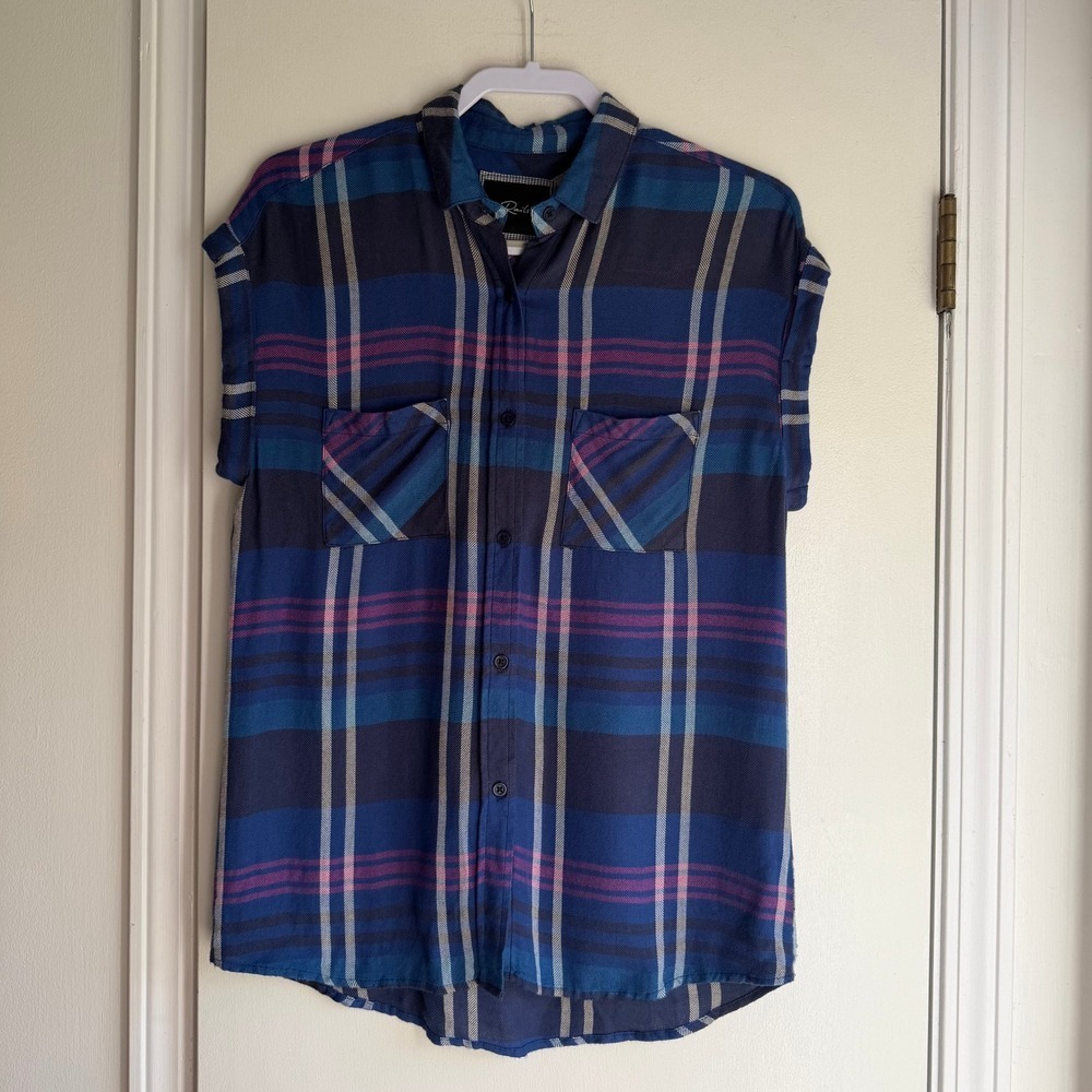 Rails Womens Blue Pink Plaid Sleeveless Button Down Rayon Shirt XS Cap Sleeve